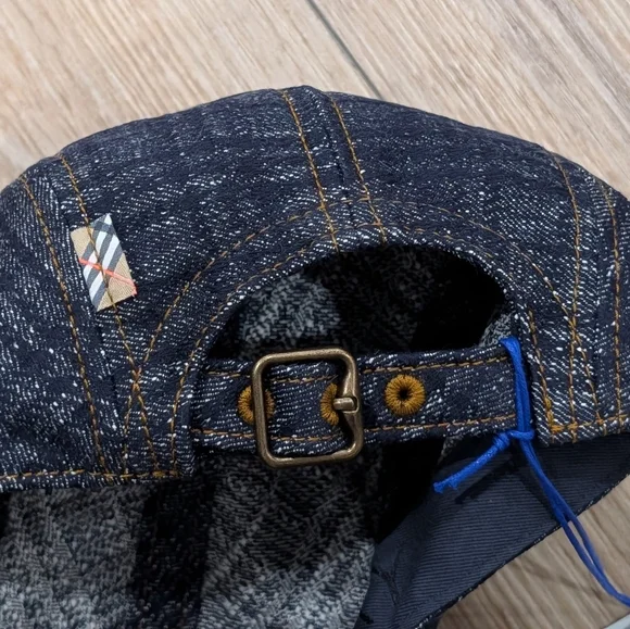 $390 Mens Burberry Denim Check Baseball Cap Hat Indigo Large